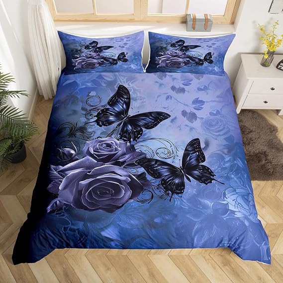 Rose Butterfly Duvet Cover Set King Size,Abstract Floral Leaves Bedding Set 3Pcs for Kids Girls Woman Men Room Decor,Blue Purple Comforter Cover Modern Romantic Couple Quilt Cover,2 Pillowcases