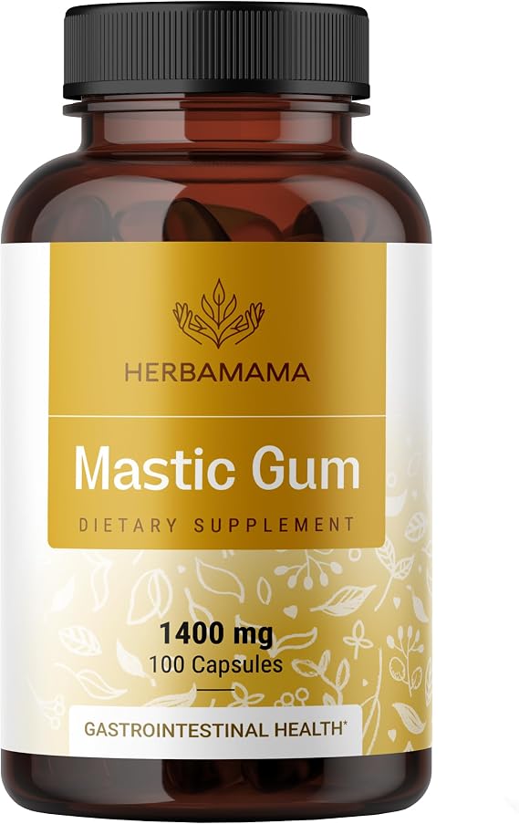 HERBAMAMA Mastic Gum Capsules - Gut & Digestive Support | Digestion Supplement 1400 mg Mastic Gum Resin per Serving Non-GMO Vegan Pure Formula 50-Day Supply
