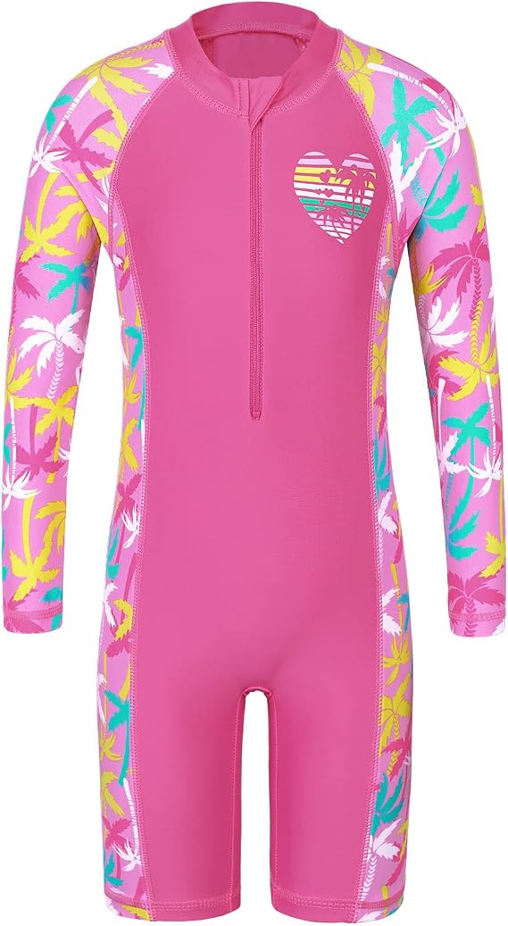 TFJH E Girls UPF 50+ Long Sleeve Rash Guard Zip Swimsuit One Piece 3-14Y