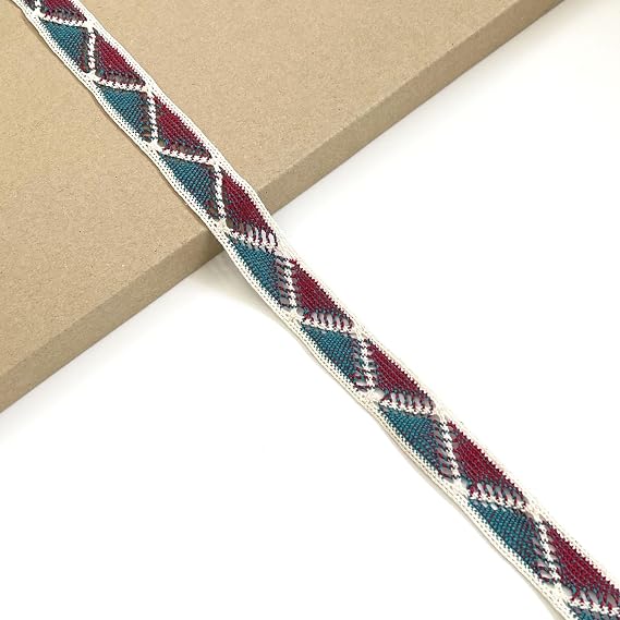 Jacquard Ribbon Triangle Pattern, Turquoise/Red, 7/8" Width, Cotton, 3 Yards/Pack, Includes Spool