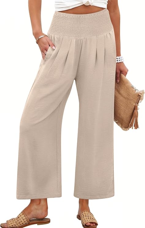 ANRABESS Womens Wide Leg Palazzo Pants with Pockets | Lightweight Breathable High Waisted Pants, Beach Vacation Flowy, Lounge & Casual Summer Trousers