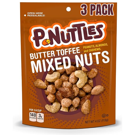 P-Nuttles Butter Toffee Mixed Nuts, 4oz Resealable Bags (Pack of 3) - Butter Toffee Peanuts, Almonds & Cashews - Perfect Sweet & Salty Snacks for Parties, Travel & Gatherings - Kosher Certified Snack