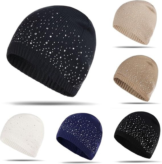 Rhinestones Beanies Hats for Men Women Cuffed Knit Winter Warm Beanie Casual Soft Stretchy Skull Cap