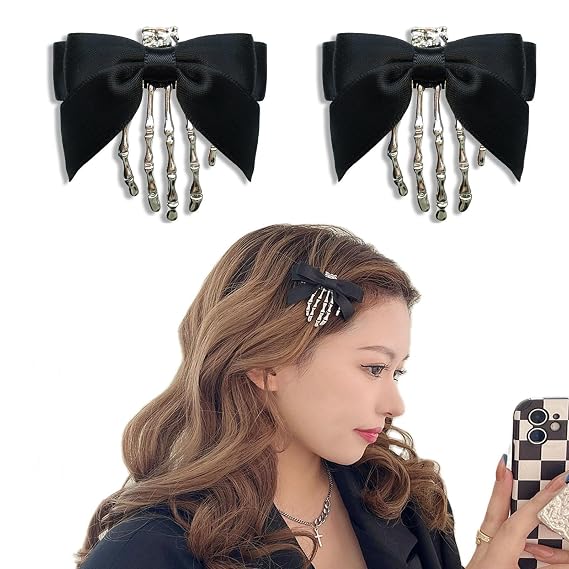 Soochat 2Pcs Skeleton Hand Hair Clips for Women Girls Skull Hand Hair Clip with Bowknot Bone Claw Hairpins Halloween Cosplay Costume Party Headpiece Accessories