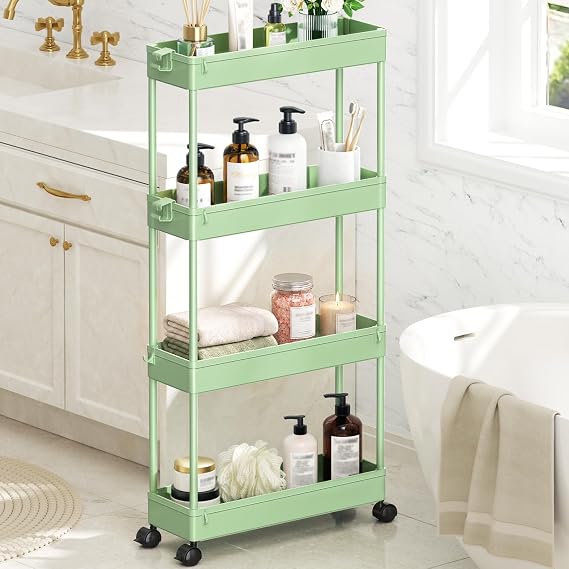 SPACEKEEPER Slim Rolling Storage Cart, 4 Tier Bathroom Cart Organizer,Green