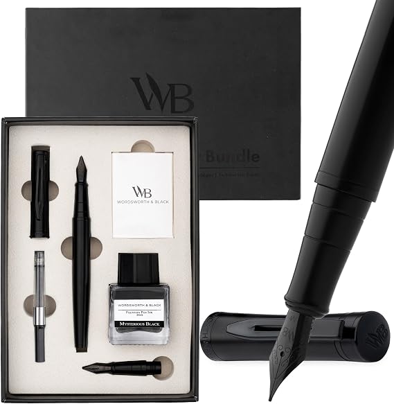 Wordsworth & Black Fountain Pen Gift Set, Medium & Extra Fine Nib,All Black