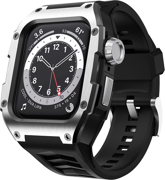 Compatible with Apple Watch Band 44mm Men Rugged Case Stainless Metal Cover with Military Band Shockproof Protective Case for Watch Series 6 5 4 SE2, Black
