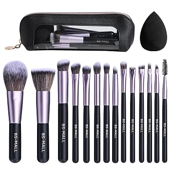 BS-MALL 14 Pcs Makeup Brushes Set with 1 Pcs Makeup Sponge Essential Foundation Powder Concealers, Eye Shadows, Blush Makeup Brushes with Travel Makeup Case (Purple)