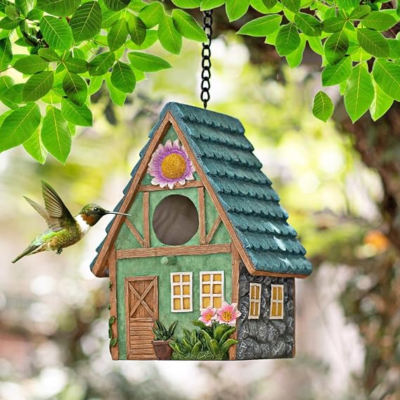 Hand-Painted Resin Bird House for Outside - Weatherable Eco-Friendly Birdhouses for Bluebirds, Wrens, Sparrows - Decorative Garden Bird House for Bird Lover