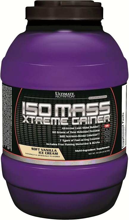 Ultimate Nutrition ISO Mass Xtreme Gainer, Soft Vanilla Ice Cream, 10 lb | 60g Whey Protein Blend, 60g Complex Carbs, 7 Types Of Creatine, 4 Types Glutamine, Lean Mass Gainer For Recovery