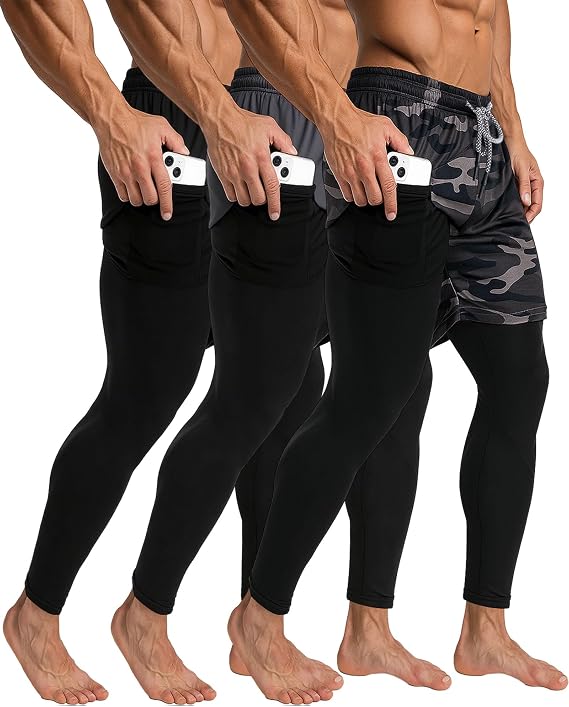 Cutecrop 3 Pcs Men Compression Pants 2 in 1 Running Pocket