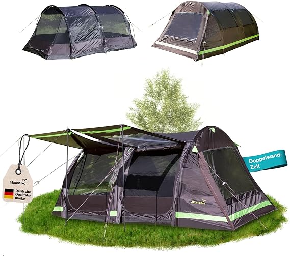 Skandika Solheim Tunnel Tent Camping Tent for 4/6 People Sewn-in Tent Floor 3000 mm Hydrostatic Head UPF 50+ with Mosquito Net and Sun Canopy Tents Family Tent
