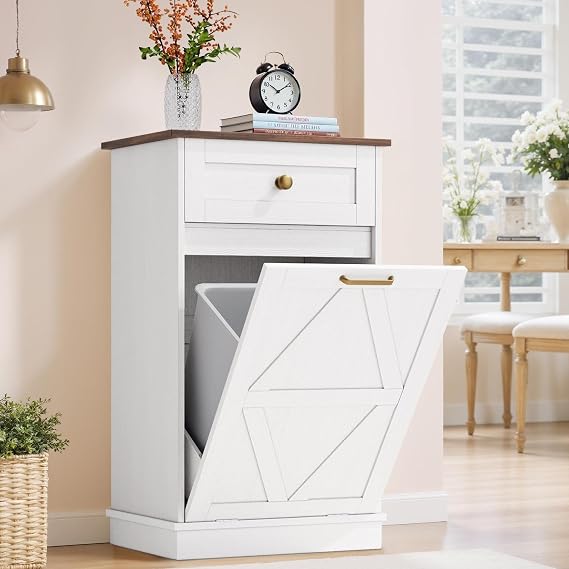 Furmax Tilt Out Trash Cabinet 10 Gallon, Woodern Hidden Trash Can Holder, for Kitchen, Laundry Sorter White