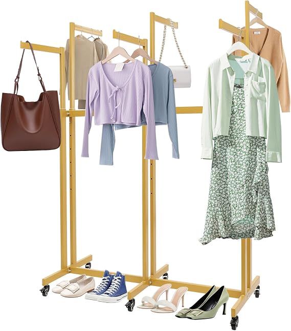 6 Arms Clothing Retail Rack, Floor Standing Metal Garment Rack with Wheels, Adjustable Height Versatile Clothes Display Rack, for Clothes Storage, Commercial Clothing Organize (Gold)