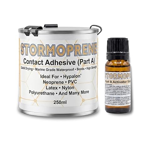 Stormoprene Contact Adhesive (250ml) - with 10ml Activator for Hypalon Repairs - Fast Curing, High Strength Adhesive to Bond Almost Anything