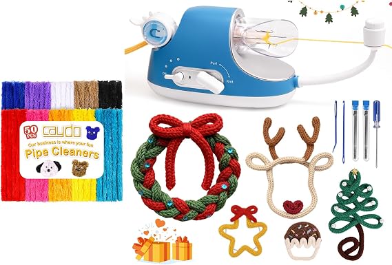 Caydo 50PCS Extra Thick Pipe Cleaners & Automatic i Cord Knitting Machine Pro, Electric i-Cord Knitter Hands-Free Highly Efficient Yarn Knit Helper, Crochet iCord Maker Tool for Christmas Decor Gifts