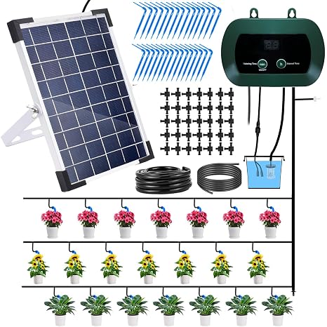 Lewisia 5W Solar Drip Irrigation System with Timer Auto Watering Kit for Garden Raised Beds Patio Lawn Greenhouse Up to 30 Plants