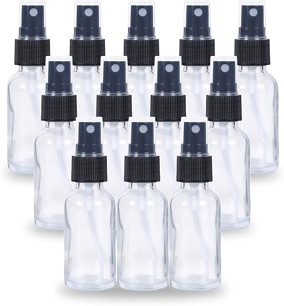 2oz Glass Spray Bottle, Fine Mist Boston Glass Bottles with Black Fine Mist Sprayer Small Clear Bottles for Essential Oils, Bath, Beauty, Hair & Cleaning, Clear, Pack of 12