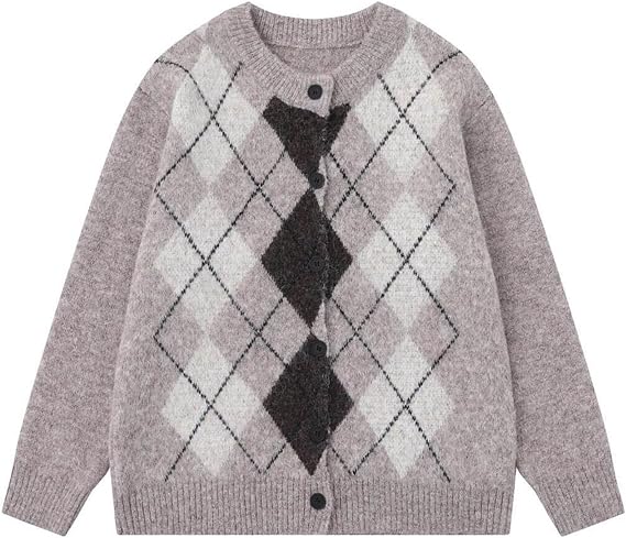 Bakyarder Womens Vintage Argyle Knit Cardigan Preppy Style Button Down Sweater with Long Sleeves