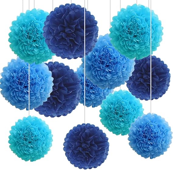 Pack of 12 Blue Tissue Paper Pompoms Paper Pom Poms Silk Pompoms for Party Decoration (Navy Light Blue Blue)