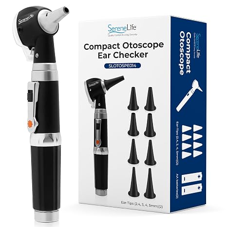 SereneLife Fiber Optic Otoscope/Auriscope | Home Ear Inspection Tool DIY, 3X Magnification, Bright LED, Includes Reusable Ear Tips, Travel Case, Battery Operated | For All Ages & Pets