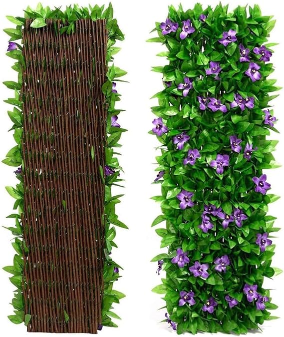 Expanding Garden Trellis Panels Garden Fence Screening with Artificial Ivy & Violet Flower, Decorative Faux Ivy Leaf Privacy Screen Greenery Backdrop for Backyard, Balcony