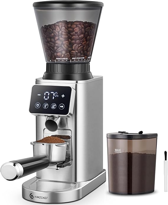 AMZCHEF Burr Coffee Grinder, 48 Settings, Less Static Mess, Metallic Silver