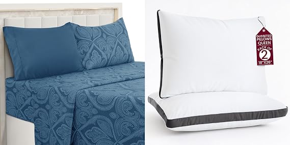LUX Decor Paisley Twin XL Sheet Set + 2 Queen Gusseted Pillows 4 Piece Ultra-Soft Microfiber Bed Sheets with Flat Sheet, 16 Inch Deep Pocket & Pillowcases, Breathable, Oeko-TEX Navy Blue