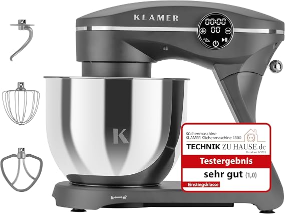 Klamer Food Processor 1800 W Kneading Machine Bread Dough with 6 L Stainless Steel Bowl 10 speeds and timer planetary mixer dough hook flat stirrer and whisk transparent viewing lid