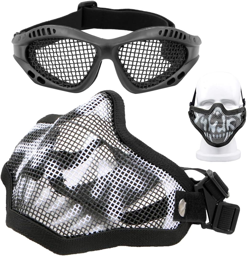 Wandou Airsoft Mask and Goggles Set, Skull Mesh Face Protective Mask with Eye Protection for Outdoor CS Game Black