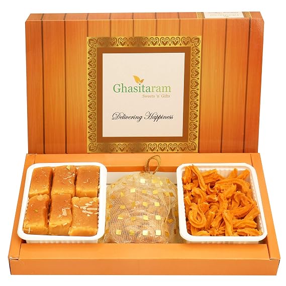 Ghasitaram Gifts Mother's Day Gifts - Hampers- Mysore Pak , SOYA Sticks and Almonds Pouch Hamper