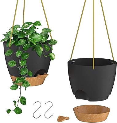 ZMTECH 8 Inch Hanging Planters for Indoor Outdoor Plants, 2 Pack Self Watering Hanging Plant Pots with Drainage Holes and Removable Saucer, Plastic Flower Hanging Pots with Watering Lip Black