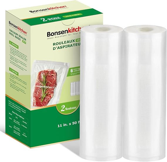 Bonsenkitchen Vacuum Sealer Bags Rolls, 2 Rolls 11 in x 50 ft | Commercial Grade, Heavy Duty, Durable Food Sealer Bags, Seal a Meal, Food Storage & Sous Vide Cooking, BPA Free, VB24
