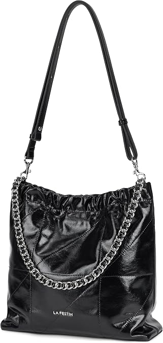 LA FESTIN Genuine Leather Chain Hobo Bag for Women Trendy Crossbody Purse