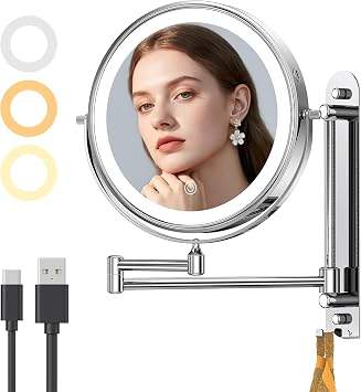 Gospire 9 Wall Mounted Makeup Mirror with Magnification 10X, 7in Height Adjustable Vanity Lighted Mirrors for Bathroom Wall, 360 Extended Arm Shaving Wall Mirror with Lights - Chrome
