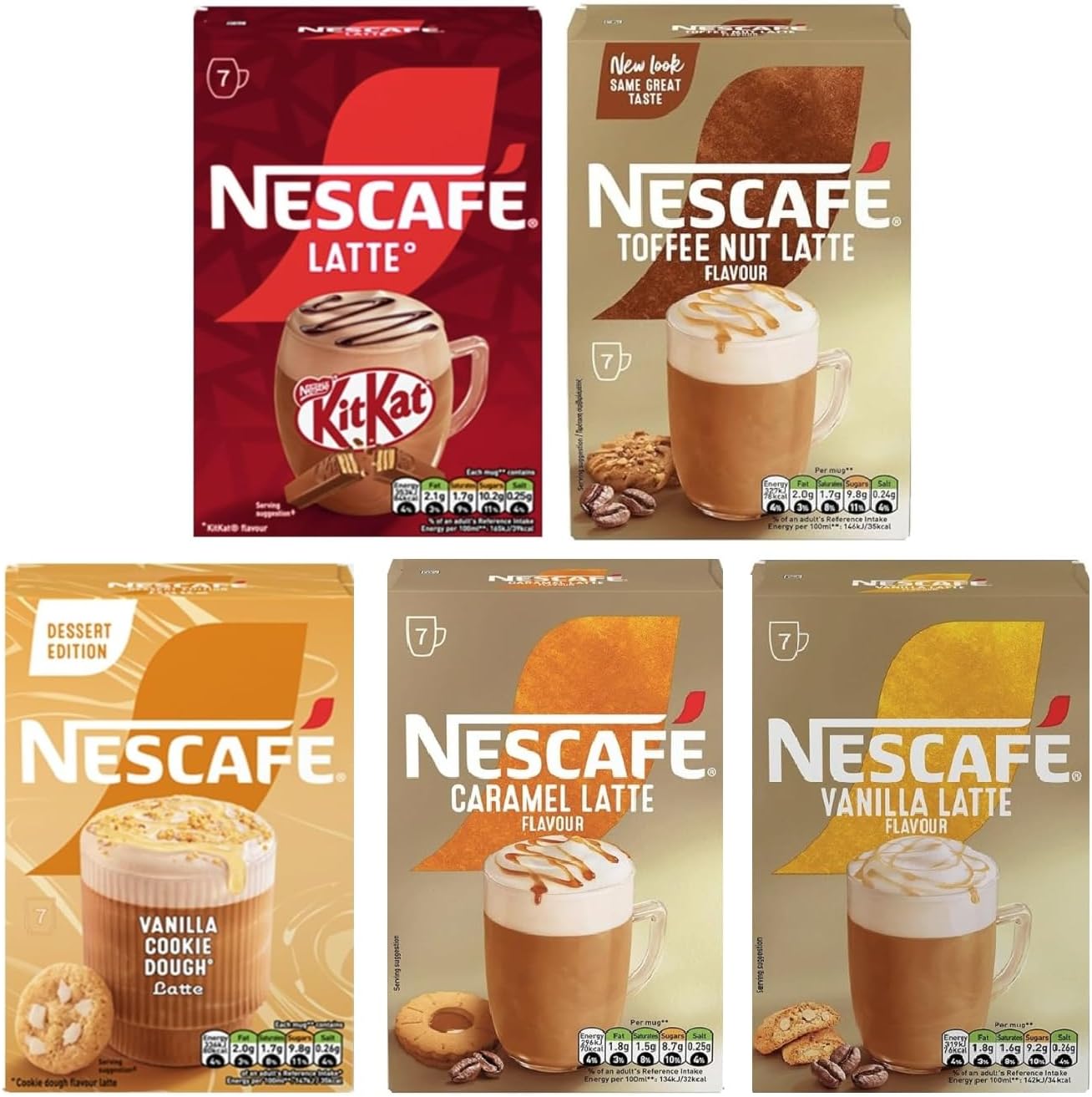 NESCAFÉ Latte Variety Pack Instant Coffee Sachets x7 (Pack of 5, Total 35 Sachets) – KitKat, Vanilla Latte, Caramel Latte, Toffee Nut Latte, Vanilla Cookie Dough