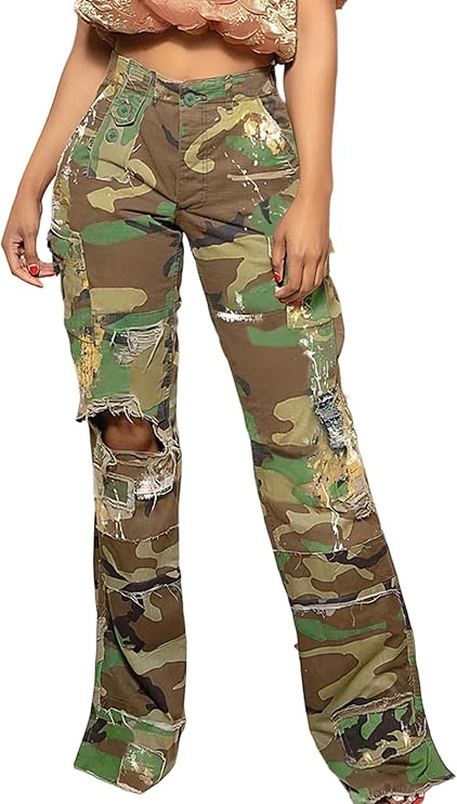 Tbahhir Womens Camo Pants with Cargo Pockets High Waisted Straight Leg Camoflage Sweatpants Baggy Casual Y2k Streetwear