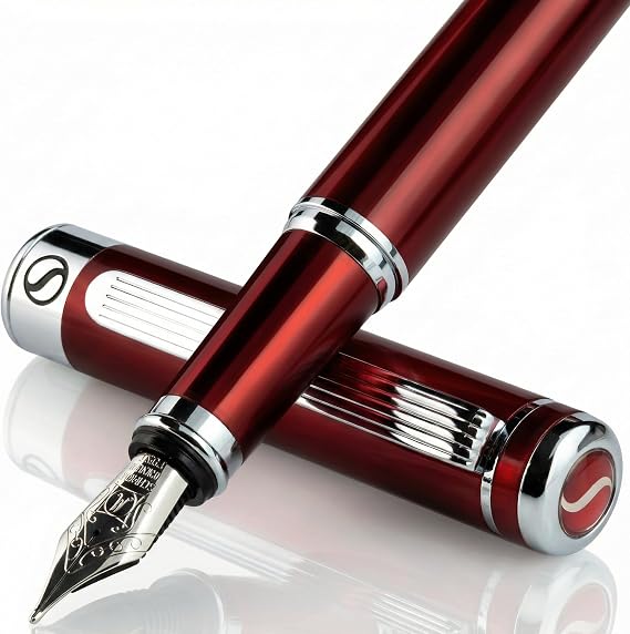 Scriveiner Deep Crimson Red Füllhalter Chromapplikationen Schmidt-Feder (mittel) bestes Geschenk für Damen und Herren Manager Führungskräfte (Rot mit Chrom)
