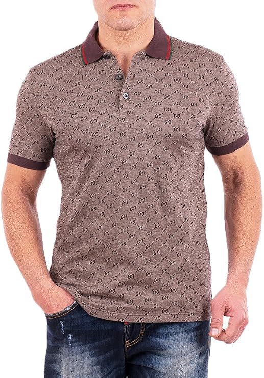 Gucci Polo Shirt, Mens Gray Short Sleeve Polo T- Shirt GG Print