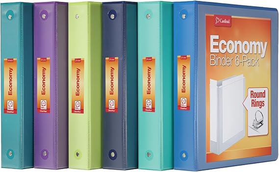 Cardinal 3 Ring Binders, Binders for School and Office, Durable 1.5 Inch, Holds 350 Sheets, ClearVue Presentation View, Non-Stick, Blue and Green Assortment, 6 Pack (1002480)