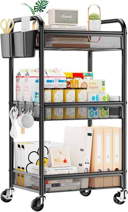 YASONIC 3 Tier Metal Rolling Cart, Black Utility Storage Cart with Wheels
