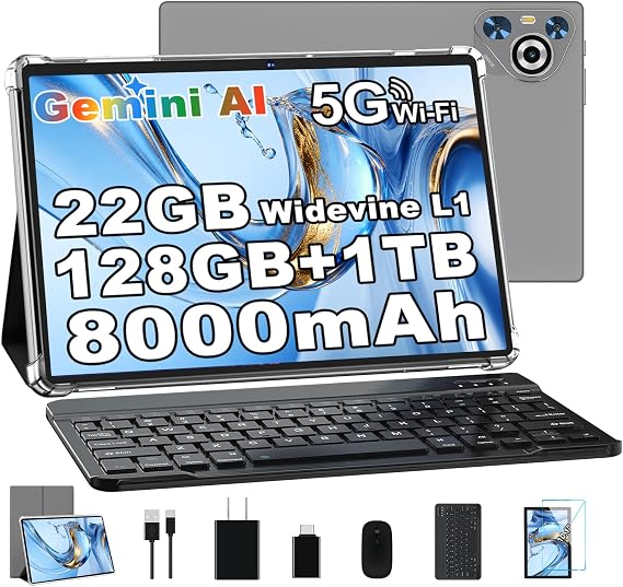 10 Inch Tablet, 22GB RAM+128GB ROM+1TB Expand, Android Tablet with Keyboard and Mouse, 8000mAh Battery, 1280x800 IPS Display, Octa-Core CPU, Support BT5.0, GPS, WiFi - Gray