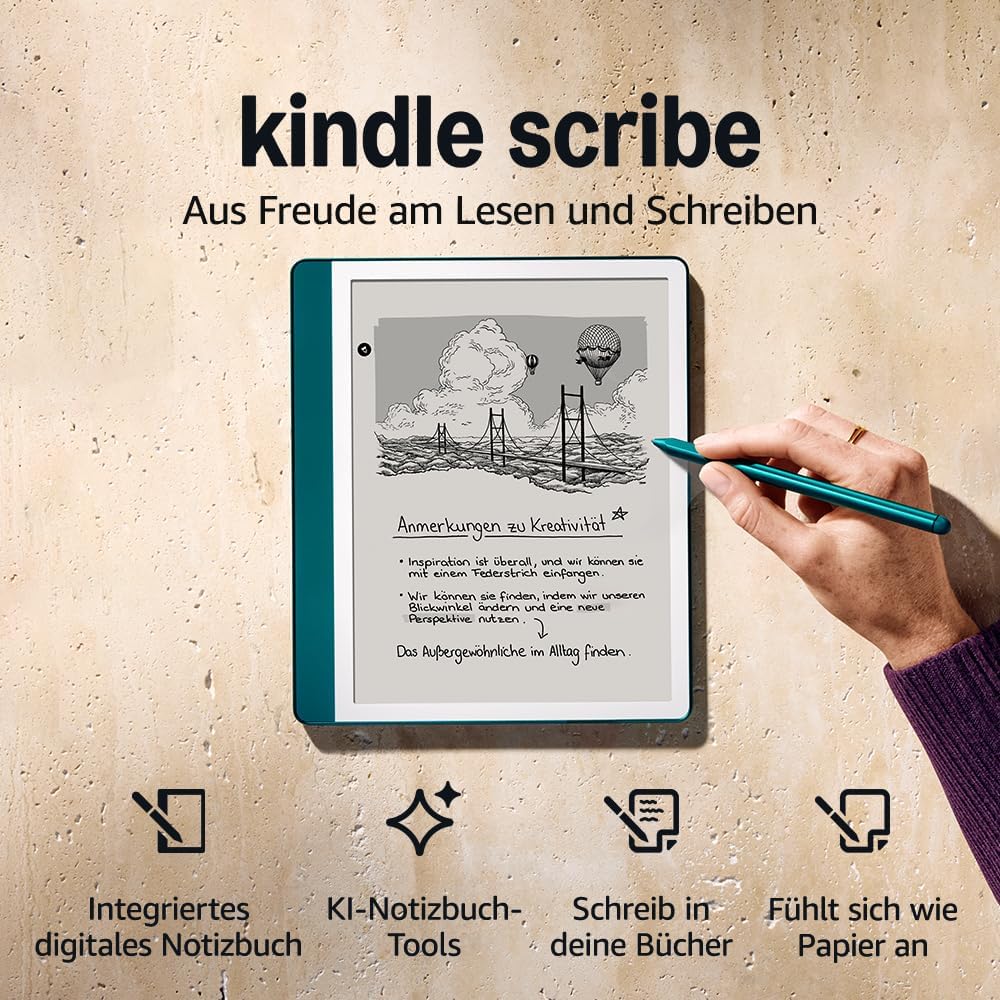 Amazon Kindle Scribe (64 GB) – Redesigned display with uniform borders. Now write on books and documents. With notebook summarisation and refinement. Includes Premium Pen – Jade Metallic