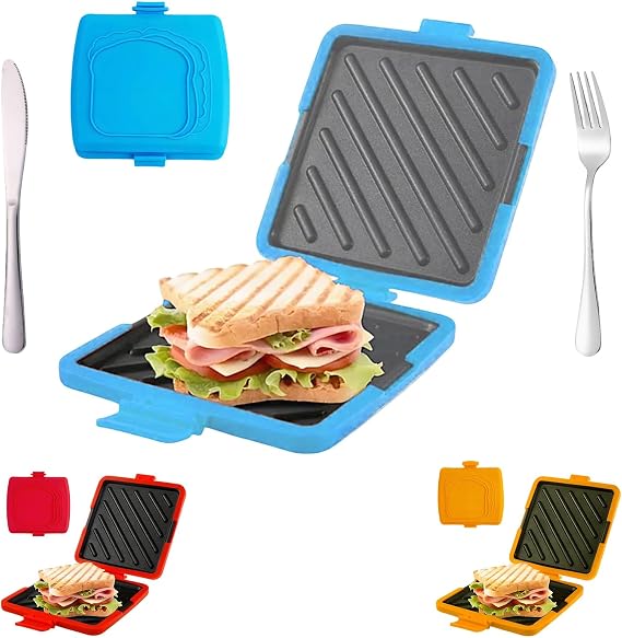Mini Pancake Maker Sandwich Maker 3-in-1 High Efficiency Microwave Safe Cheese Toast Machine with Non-Stick Plate and Cutlery Included, Fast Cooking, No Power Required, Easy to Clean Cutlery Included
