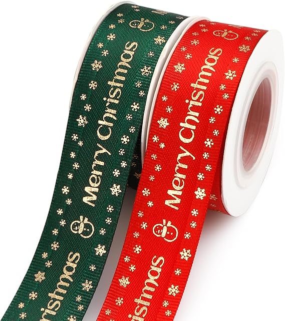 Merry Christmas Ribbon 2 Rolls 1" X 20 Yard Red and Green Christmas Ribbon for Gift Wrapping Ribbon Bows for Christmas Tree Ribbon for Flower Bouquet Ribbons for Crafts Xmas Christmas Tree Decorations