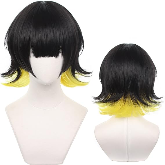 Meguru Anime Black Yellow wigs Short Straight Hair with Bangs for Women Men Adult Cosplay wig Halloween,Christmas,Comic con,Party(Blue L)