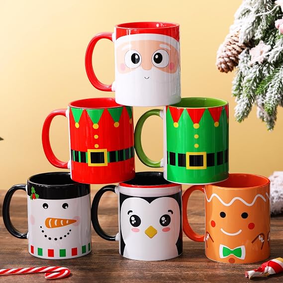 Sliner 11 oz Christmas Coffee Mug Set in 6 Funny Themed Designs, Novelty Holiday Party Cups for Table Decorations, Xmas White Elephant Gifts for Women Men