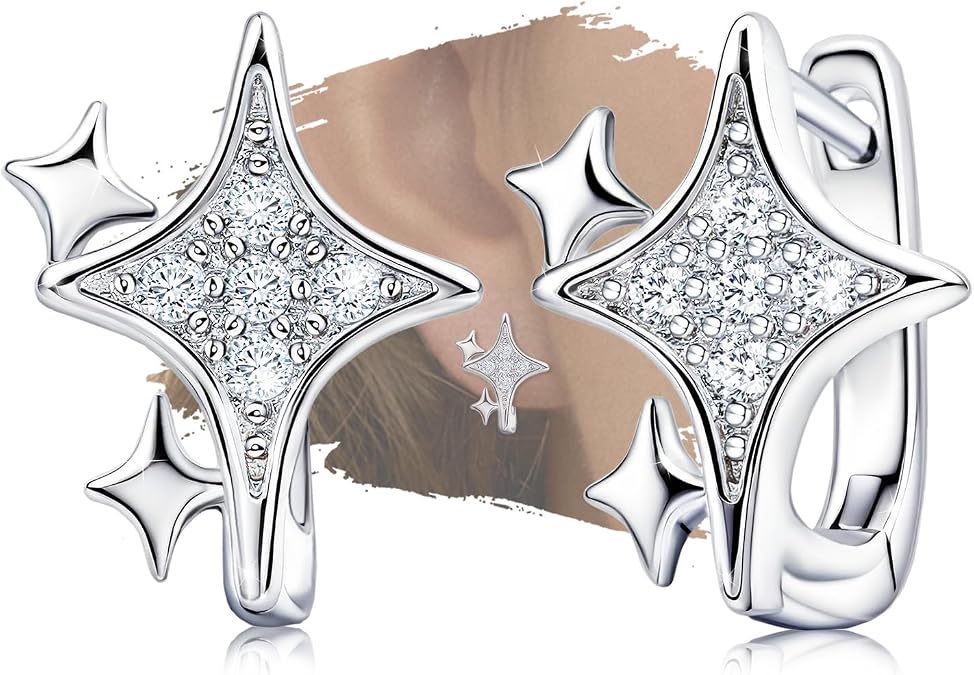 Star Hoop Earrings for Teen Girls Women - Sterling Silver Star Shaped Earrings Hypoallergenic Cubic Zirconia Lightweight Small Star Loop Earring Gifts for Daughter Granddaughter for Christmas