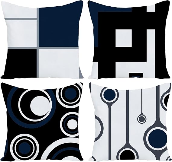 Set of 4 White Black Navy Blue Modern Abstract Geometric Throw Pillow Covers 18x18 Inches Decorative Cushion Pillow Cases Square Pillowcases for Bed Sofa