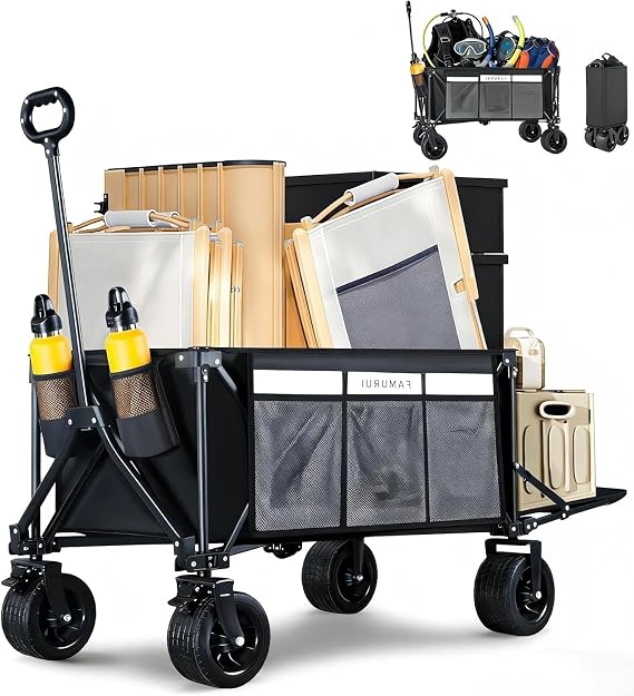 49" Extra Long Wagons Carts Foldable, 260L Storage Collapsible Foldable Wagon with Wheels, 560LB Heavy Duty Folding Wagon, Portable Collapsable Pull cart